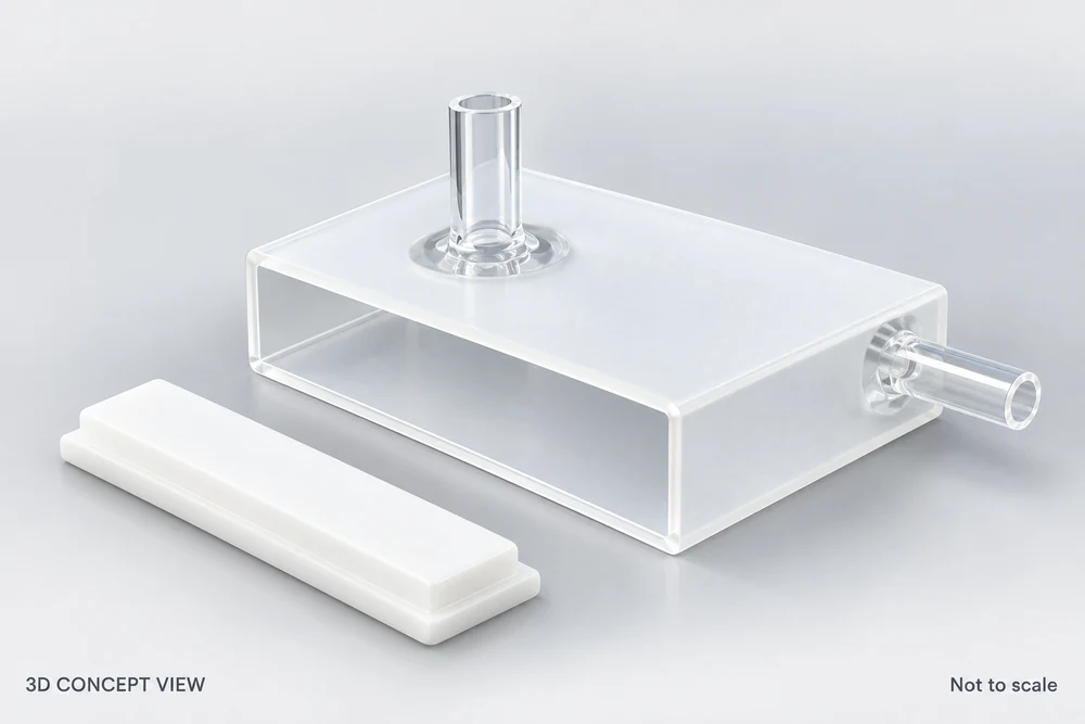 Conceptual 3D view of the cell, two projecting tubes and separate cover